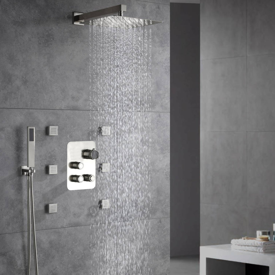 Brushed Nickel Wall Mount 3-Way Thermostatic Valve: Independent or Simultaneous Functionality