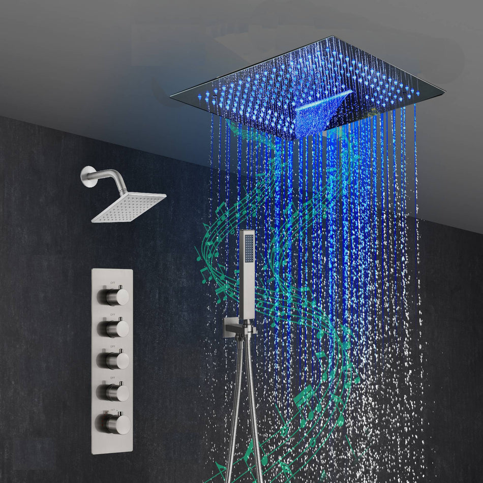 16-Inch Brushed Gold or brushed nickel or matte black Flush Mount rainfall waterfall Shower Faucet Set: 4-Way Thermostatic Control, 64-Color LED Lights, Bluetooth Music, and Regular Head
