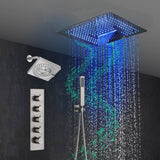 16-Inch Brushed Gold or brushed nickel or matte black Flush Mount rainfall waterfall Shower Faucet Set: 4-Way Thermostatic Control, 64-Color LED Lights, Bluetooth Music, and Regular Head