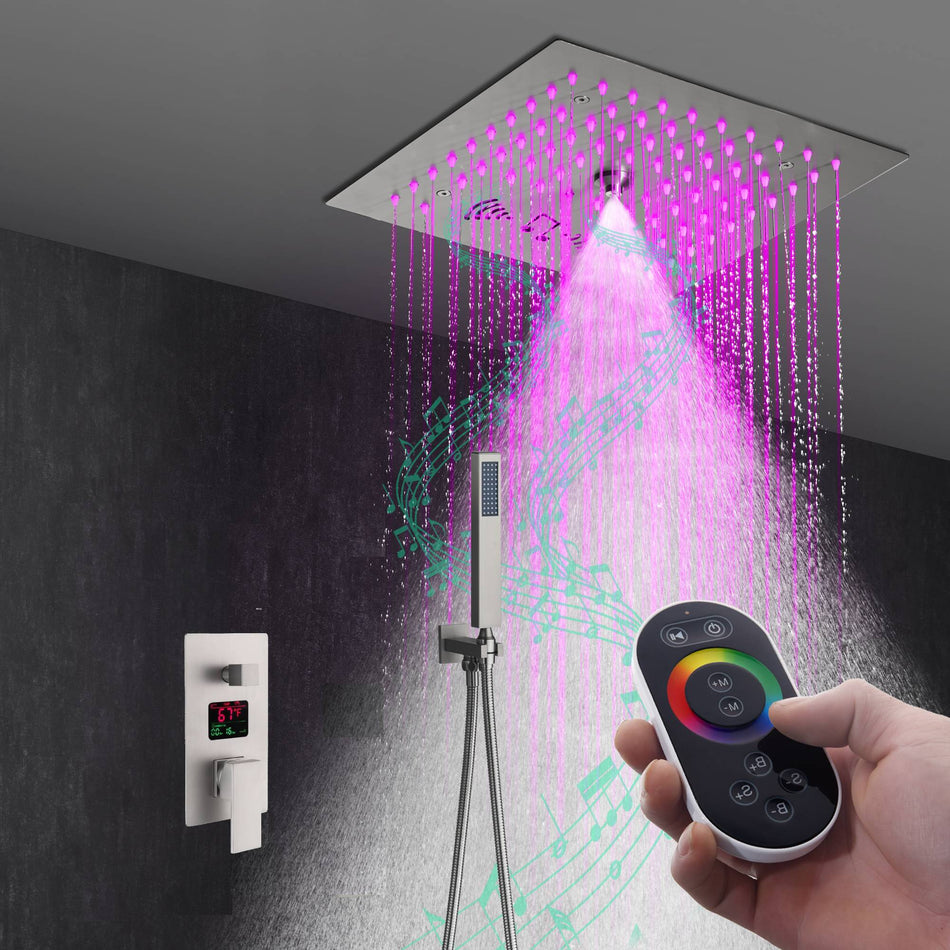 Flushed mount 12 inch 64 LED colors light Brushed gold Bluetooth Music 3 ways digital display rough in valve  Shower Faucet
