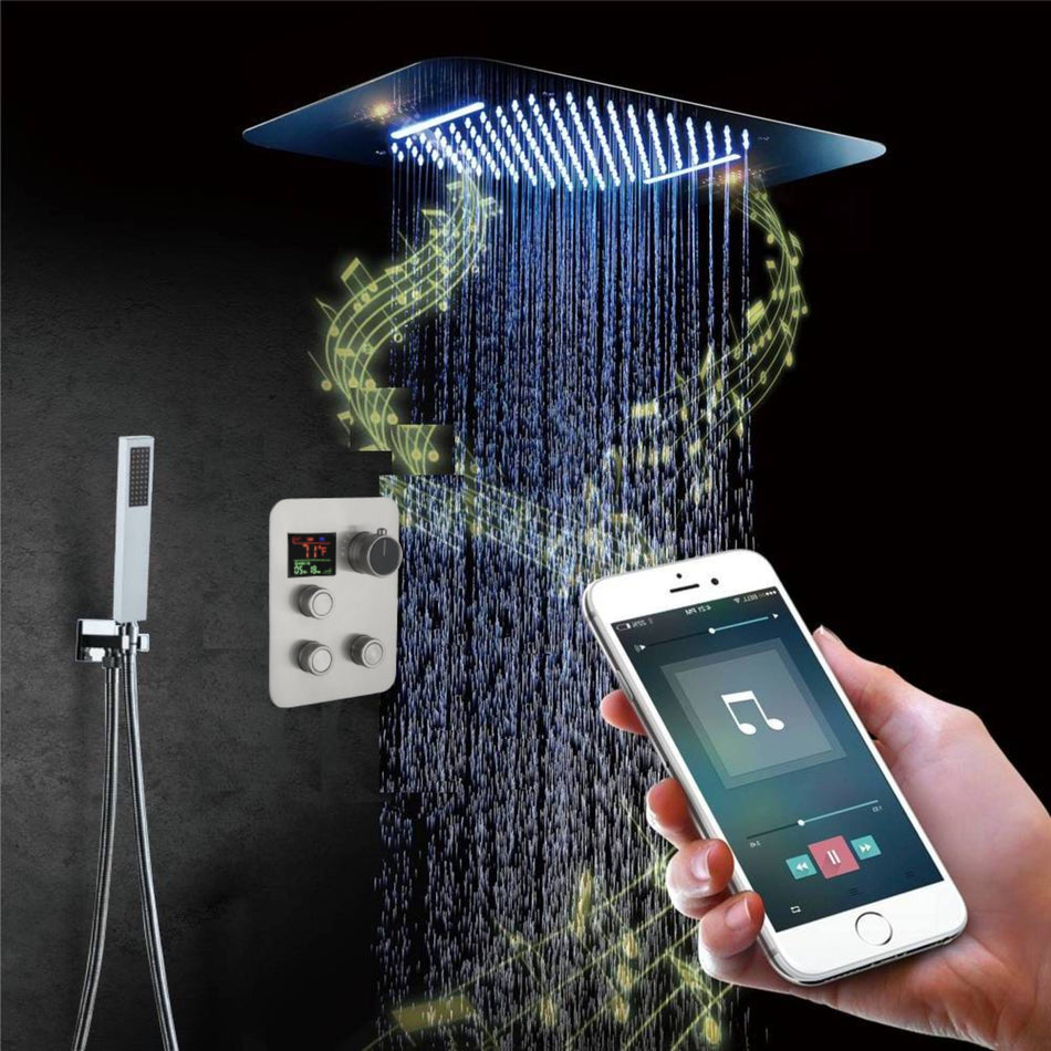 Brushed nickel Music LED Flushed in 23X 15inch shower head 3 way digital display pressure balance  valve that each function run at the same time and separately