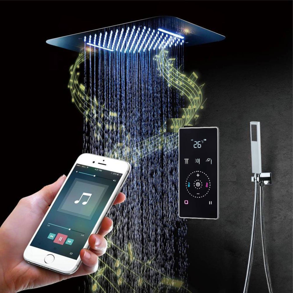 Brushed nickel Music LED Flushed in 23X 15inch shower head 3 way digital display pressure balance  valve that each function run at the same time and separately