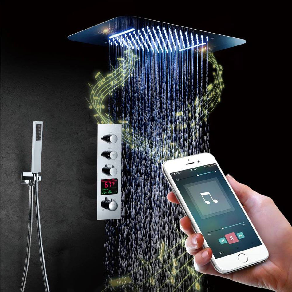 Brushed nickel Music LED Flushed in 23X 15inch shower head 3 way  pressure balance  valve that each function run at the same time and separately