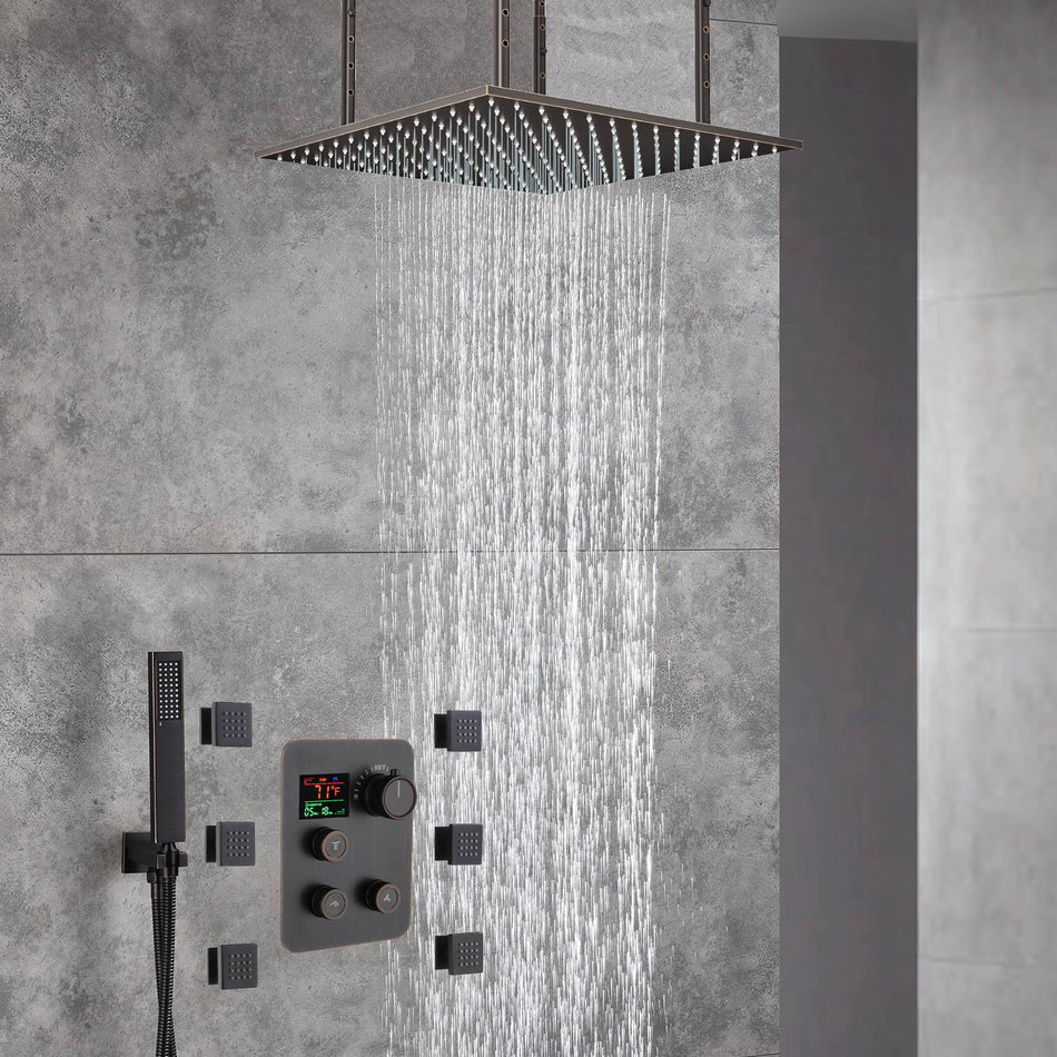 LED Oil Rubbed Bronze 20" Ceiling-Mounted 3-Way Thermostatic Shower Faucet