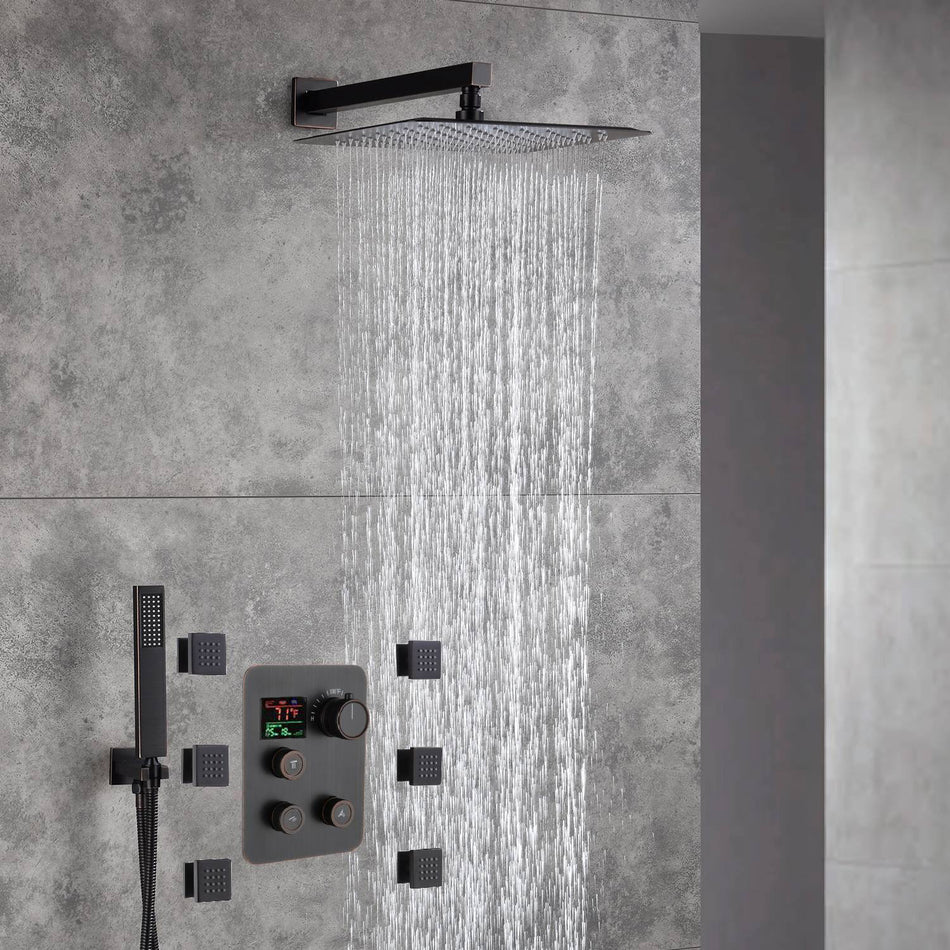 Oil Rubbed Bronze 3-Way Thermostatic Shower Faucet with 6 Body Jets, LED Options for Simultaneous Operation