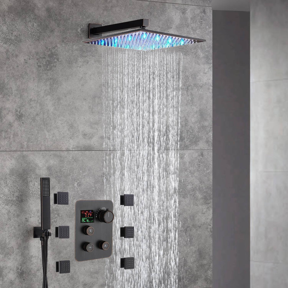 Oil Rubbed Bronze 3-Way Thermostatic Shower Faucet with 6 Body Jets, LED Options for Simultaneous Operation