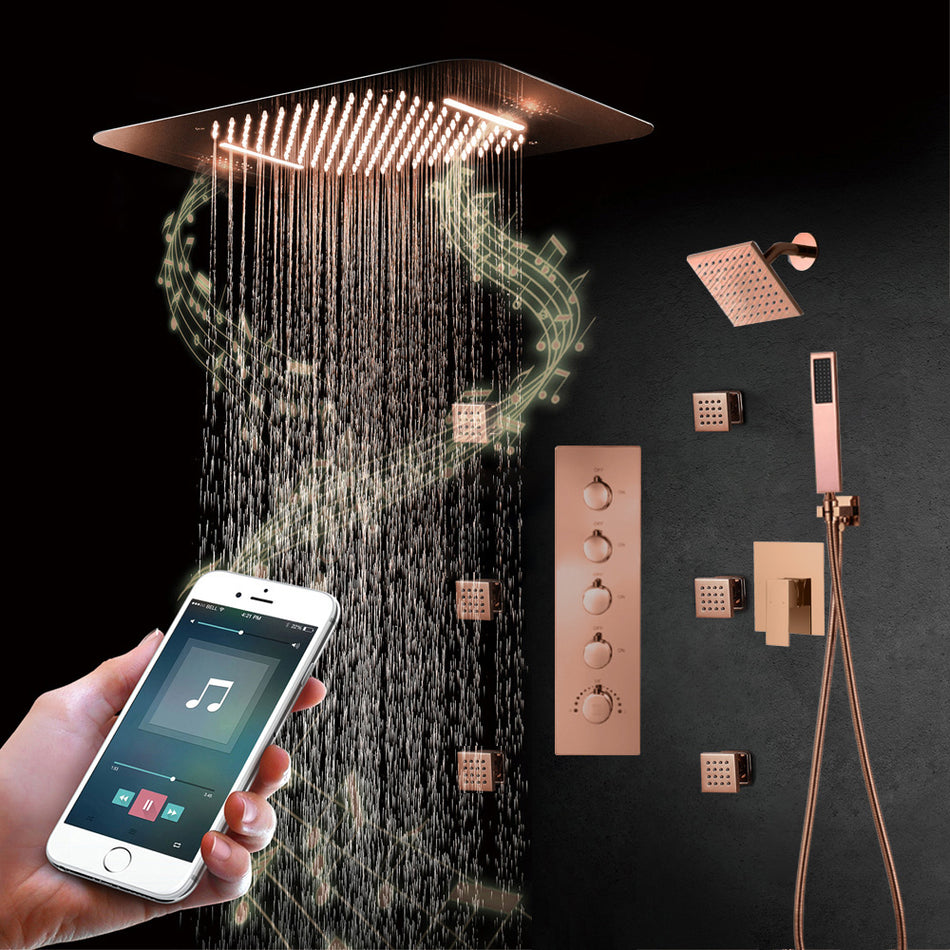 Rose Gold Music 64 LED 5-Way Thermostatic Shower System | Flushed In 23X 15-Inch Shower Head | regular head and body jets