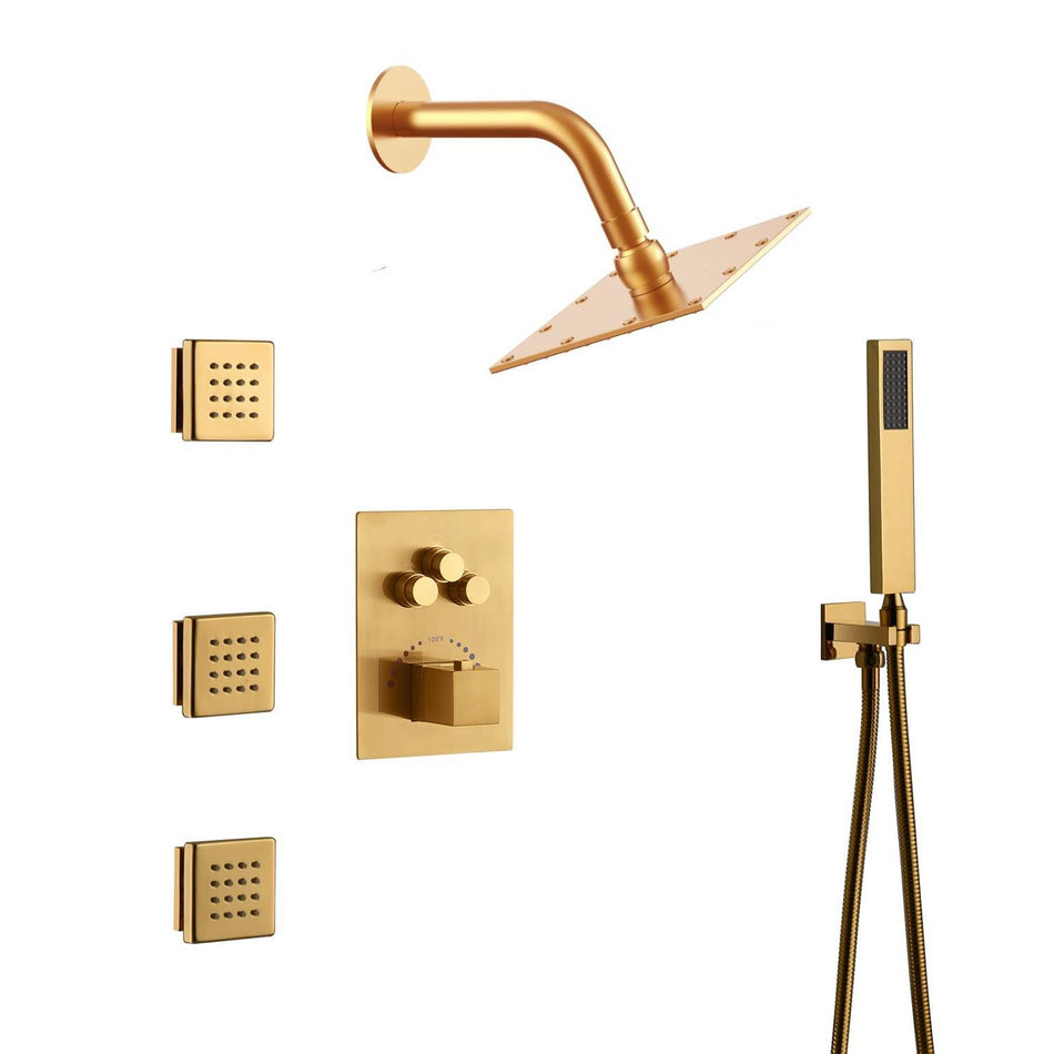 Wall Mounted 6 inch Regular head Polished gold  3 way Thermostatic Shower system that each function run all together and separately
