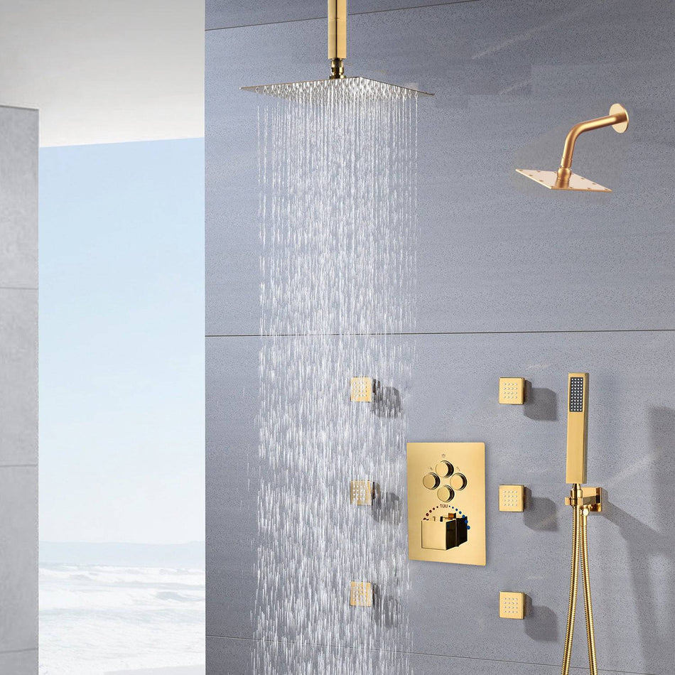 12-Inch or 16-Inch Polished Gold Wall Mount Thermostatic Shower System with 4-Way Valve, Regular Head, and Body Jets - Each Function Operable Individually or Simultaneously