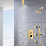 12-Inch or 16-Inch Polished Gold Wall Mount Thermostatic Shower System with 4-Way Valve, Regular Head, and Body Jets - Each Function Operable Individually or Simultaneously