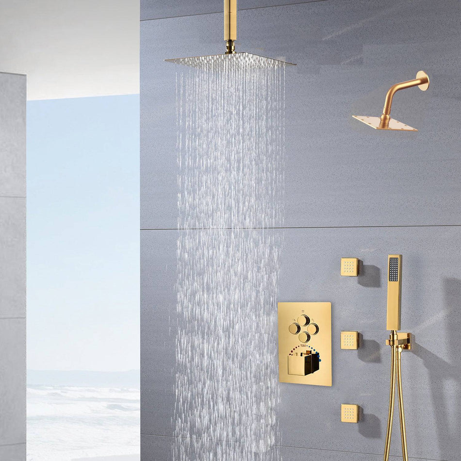 12-Inch or 16-Inch Polished Gold Wall Mount Thermostatic Shower System with 4-Way Valve, Regular Head, and Body Jets - Each Function Operable Individually or Simultaneously
