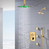 12-Inch or 16-Inch Polished Gold Wall Mount Thermostatic Shower System with 4-Way Valve, Regular Head, and Body Jets - Each Function Operable Individually or Simultaneously