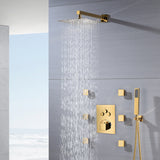 12-Inch or 16-Inch Wall-Mounted Polished Gold 3-Way Thermostatic Shower System with Optional LED Light - Multi-Function Simultaneous and Separate Operation