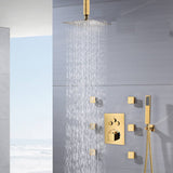12-Inch or 16-Inch Ceiling-Mounted Polished Gold 3-Way Thermostatic Shower System with Optional LED Light - Multi-Function Simultaneous and Separate Operation