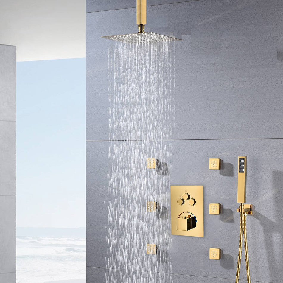 12-Inch or 16-Inch Ceiling-Mounted Polished Gold 3-Way Thermostatic Shower System with Optional LED Light - Multi-Function Simultaneous and Separate Operation