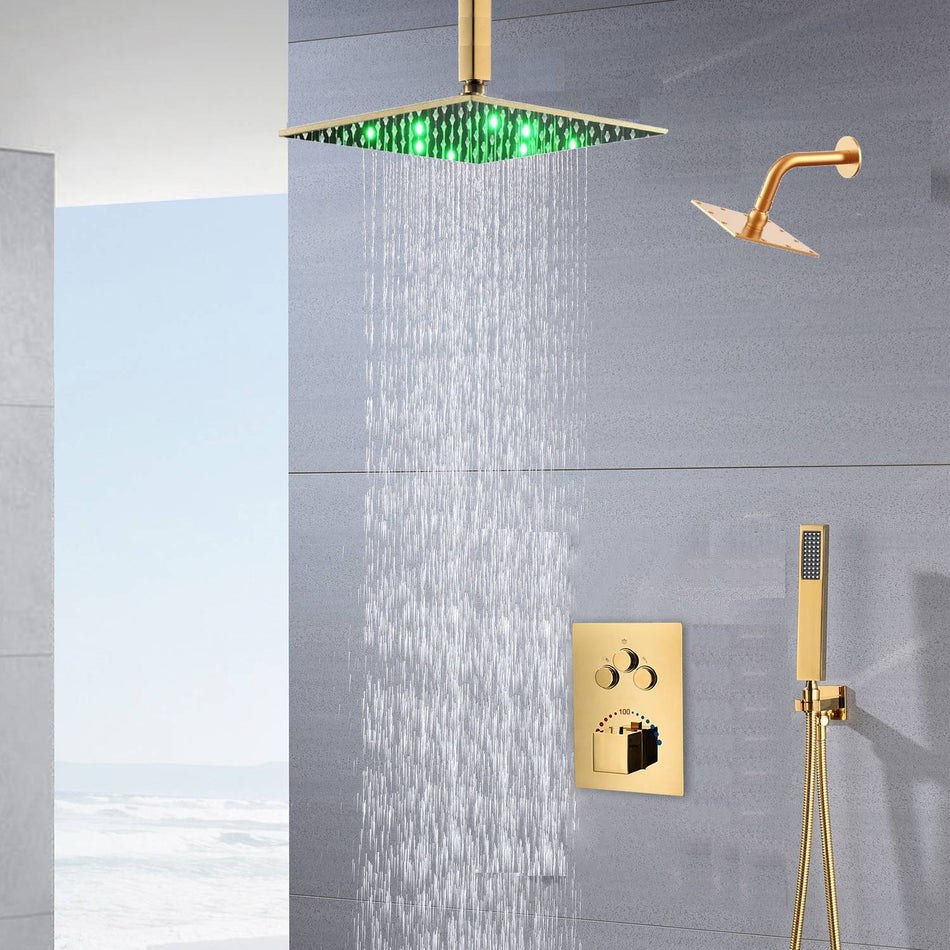 12-Inch or 16-Inch Ceiling-Mounted Polished Gold 3-Way Thermostatic Shower System with regular head