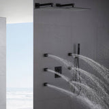 Simultaneous & Separate Functioning 4-Way Thermostatic Shower Faucet: Dual 12'' Rain Shower Heads with Body Jets, Available in 4 Finishing Colors