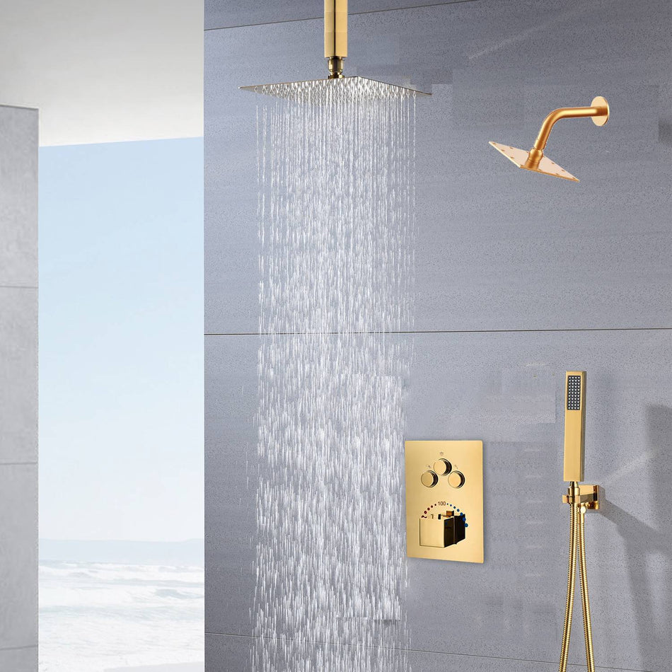 12-Inch or 16-Inch Ceiling-Mounted Polished Gold 3-Way Thermostatic Shower System with regular head