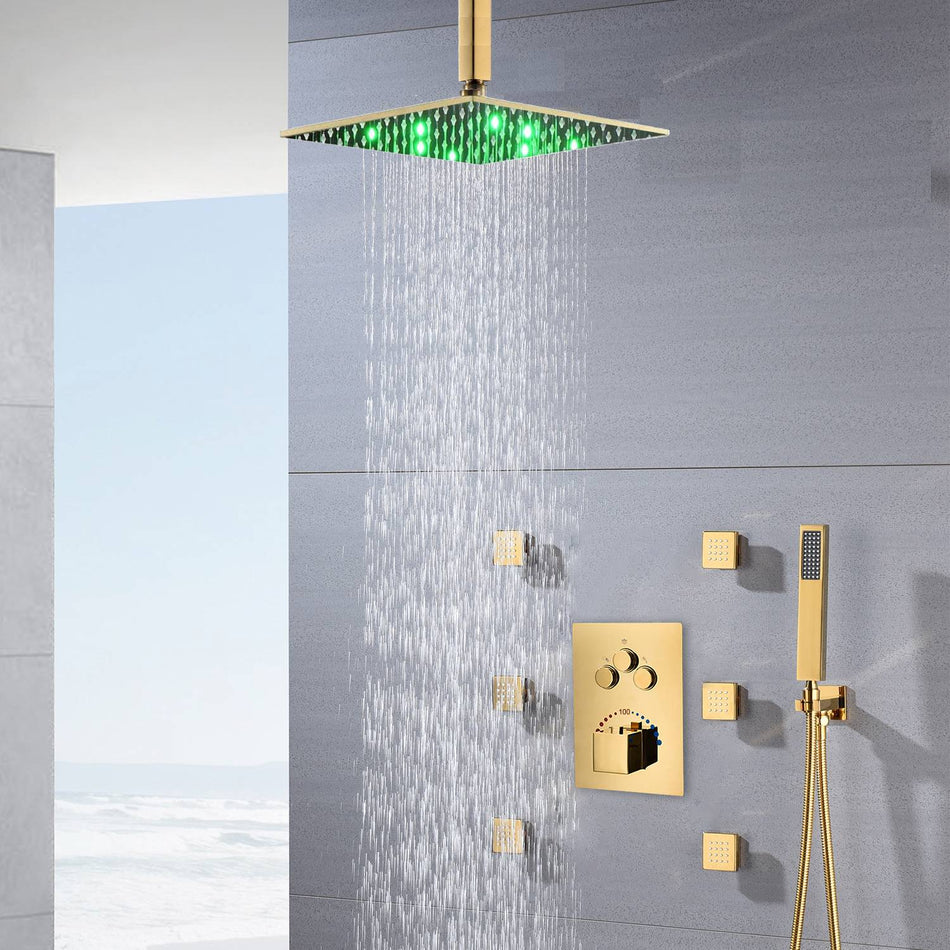 12-Inch or 16-Inch Ceiling-Mounted Polished Gold 3-Way Thermostatic Shower System with Optional LED Light - Multi-Function Simultaneous and Separate Operation