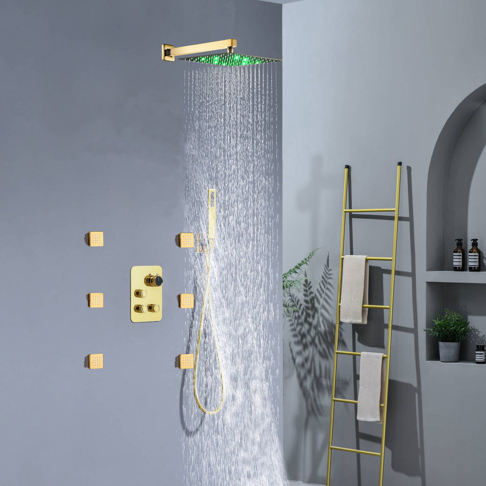 12-Inch or 16-Inch Wall-Mounted Polished Gold 3-Way Thermostatic Shower System with Optional LED Light - Multi-Function Simultaneous and Separate Operation