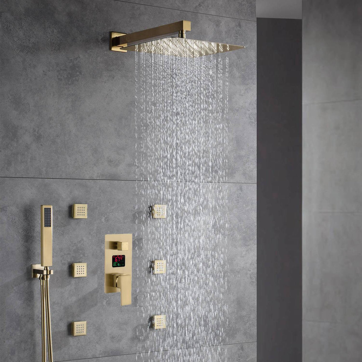 Brushed Gold Wall-Mounted Shower System: 3-Way Digital Display with 6 ...