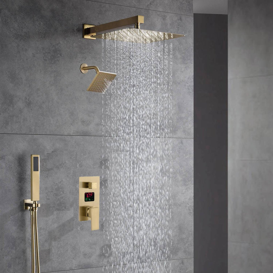 Brushed Gold wall mount 3 way digital display shower faucet with wall mount 6 inch high water pressure regular shower head