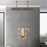 Brushed gold Ceiling mount two shower heads 4 way digital display Thermostatic Shower valve system that each function run all together and separately