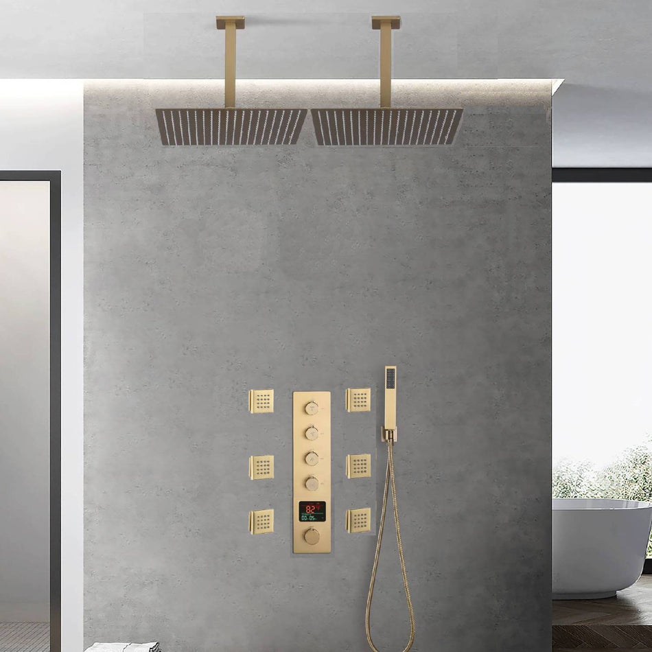 Brushed gold Ceiling mount two shower heads 4 way digital display Thermostatic Shower valve system that each function run all together and separately