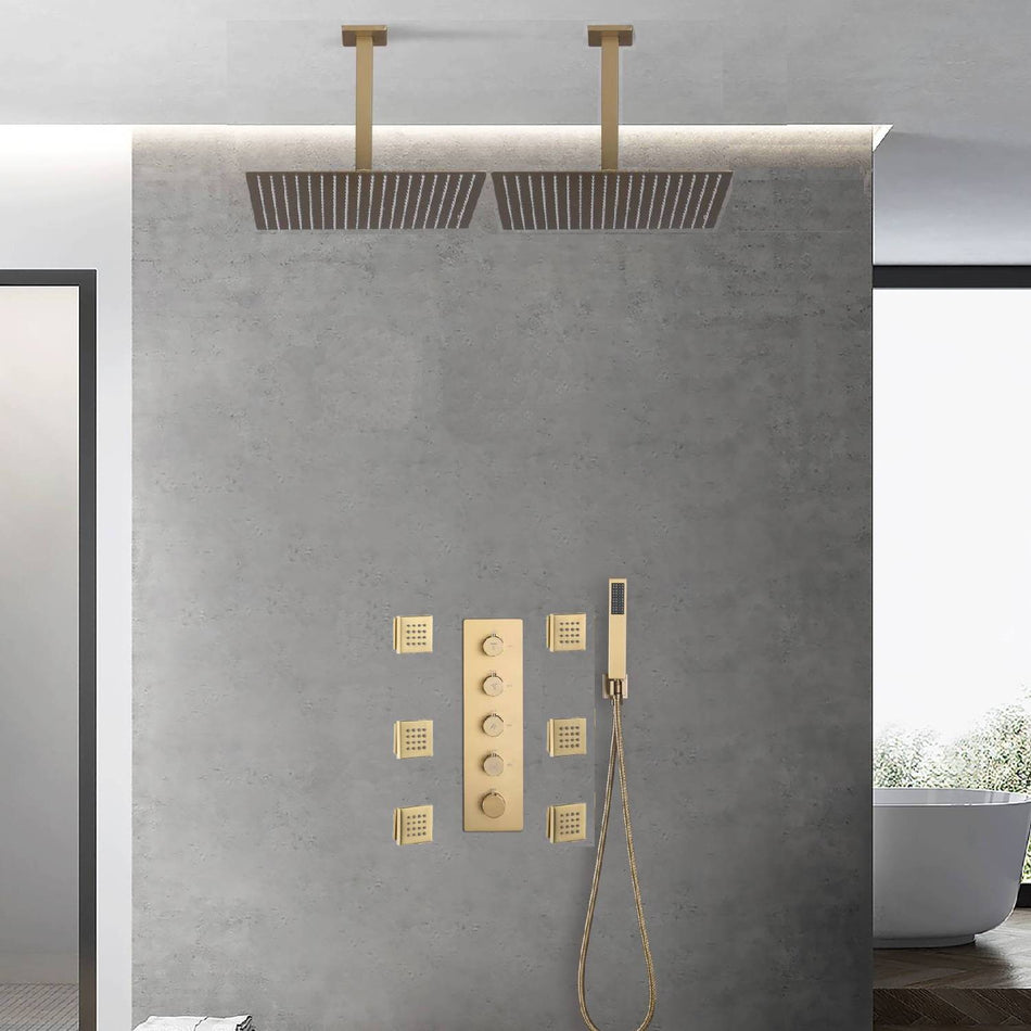 Brushed gold Ceiling mount two shower heads 4 way digital display Thermostatic Shower valve system that each function run all together and separately