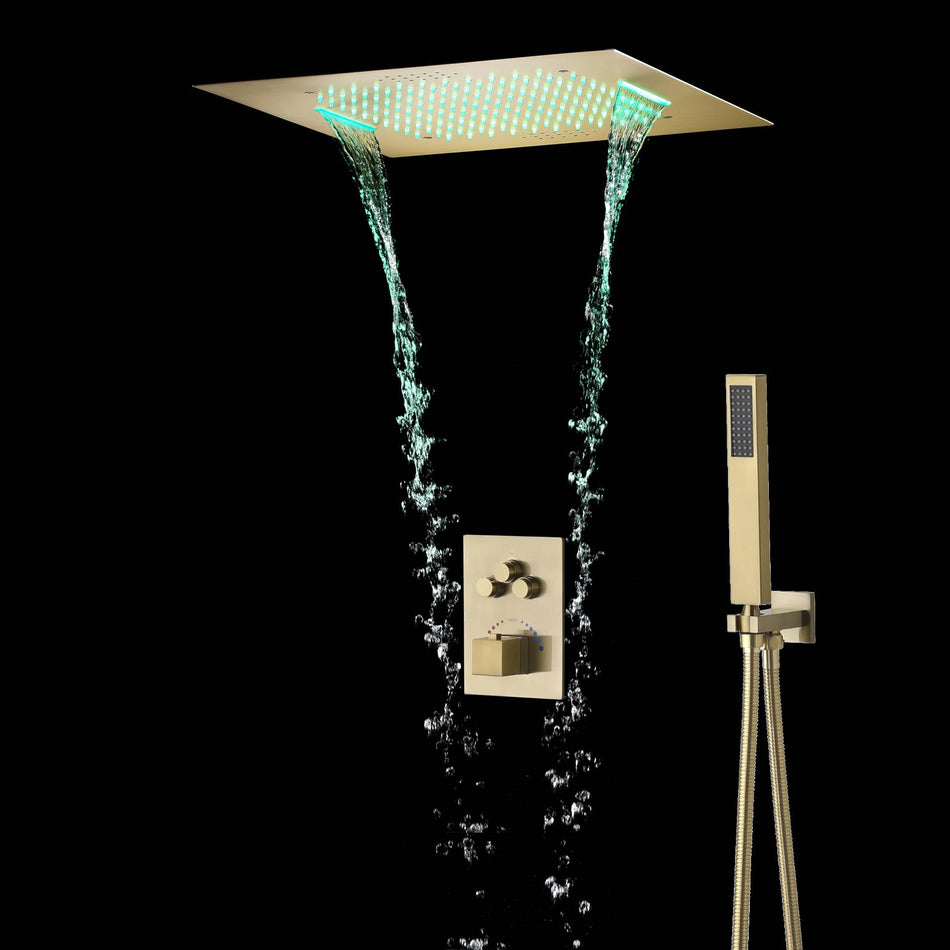Brushed Gold 20x20" Thermostatic Shower Faucet with Bluetooth Music and 64 LED Lights