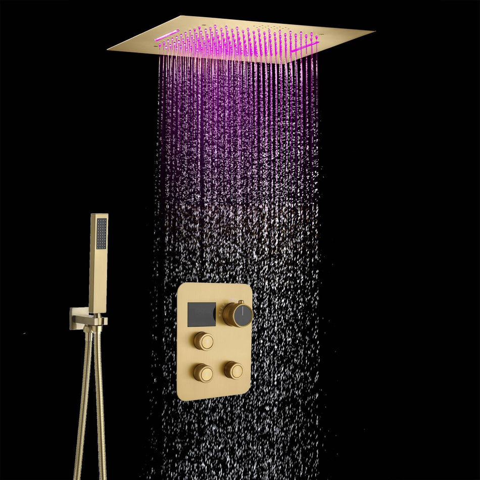 Brushed Gold 20x20" Thermostatic Shower Faucet with Bluetooth Music and 64 LED Lights