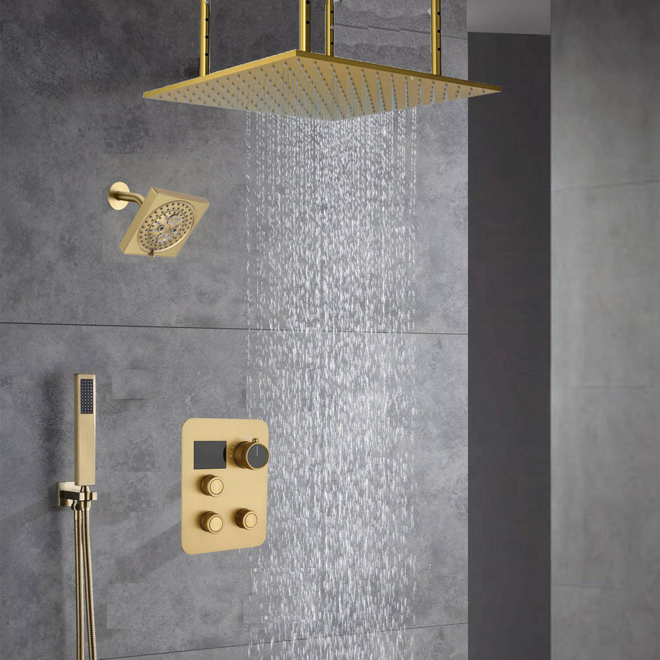 Ceiling Mounted 20-Inch Rainhead 3 Way Thermostatic Shower Faucet with Regular Head, Optional LED light or Non-Led Light