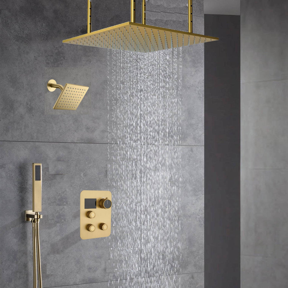 Ceiling Mounted 20-Inch Rainhead 3 Way Thermostatic Shower Faucet with Regular Head, Optional LED light or Non-Led Light