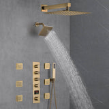 Brushed Gold 12-Inch or 16-Inch Rainfall Wall Mount Shower Head with 4-Way Thermostatic Faucet, Body Jets, and High-Pressure Wall Mount Head