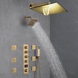 Brushed Gold 12-Inch or 16-Inch Rainfall Wall Mount Shower Head with 4-Way Thermostatic Faucet, Body Jets, and High-Pressure Wall Mount Head