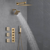 Brushed Gold 12-Inch or 16-Inch Rainfall Wall Mount Shower Head with 4-Way Thermostatic Faucet, Body Jets, and High-Pressure Wall Mount Head