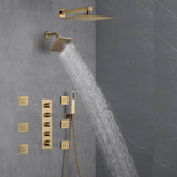 Brushed Gold 12-Inch or 16-Inch Rainfall Wall Mount Shower Head with 4-Way Thermostatic Faucet, Body Jets, and High-Pressure Wall Mount Head