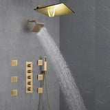 Brushed Gold 12-Inch or 16-Inch Rainfall Wall Mount Shower Head with 4-Way Thermostatic Faucet, Body Jets, and High-Pressure Wall Mount Head