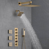 Brushed Gold 12-Inch or 16-Inch Rainfall Wall Mount Shower Head with 4-Way Thermostatic Faucet, Body Jets, and High-Pressure Wall Mount Head