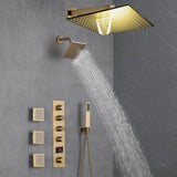 Brushed Gold 12-Inch or 16-Inch Rainfall Wall Mount Shower Head with 4-Way Thermostatic Faucet, Body Jets, and High-Pressure Wall Mount Head