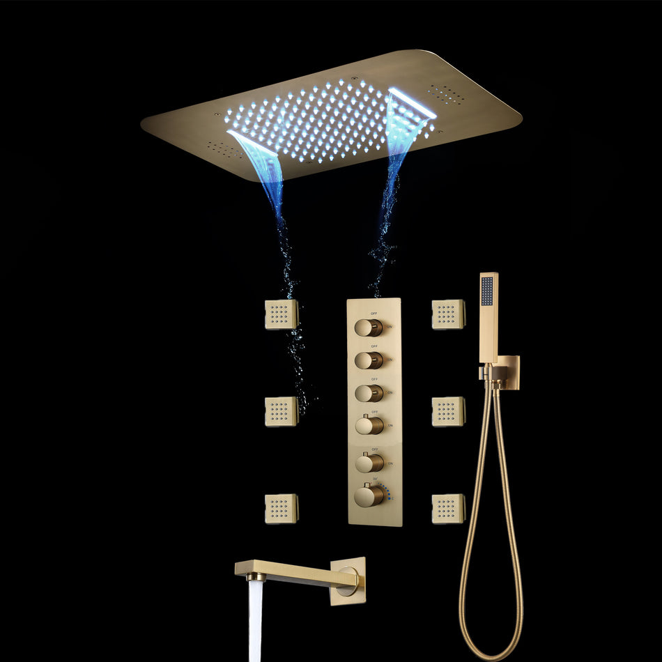 Brushed Gold Or Brushed Nickel Or Matte Black Or Chrome  23x15" LED Music Shower Head with 5-Way Thermostatic Faucet With Tub Spout