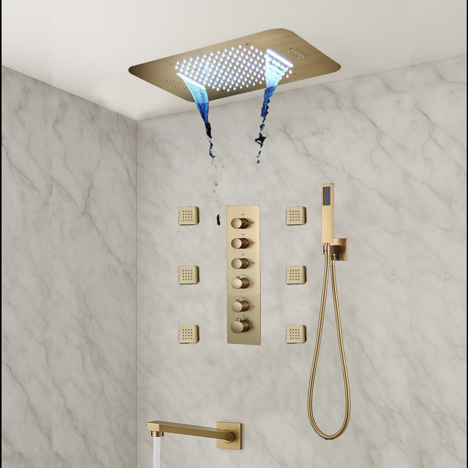 Brushed Gold Or Brushed Nickel Or Matte Black Or Chrome  23x15" LED Music Shower Head with 5-Way Thermostatic Faucet With Tub Spout