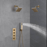 Brushed Gold Wall-Mounted 3-Way Thermostatic Shower System: Dual Regular Heads with Simultaneous and Independent Functionality