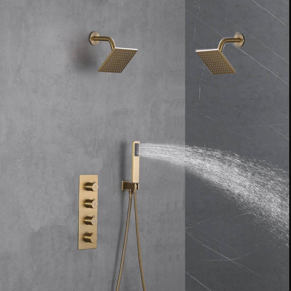 Brushed Gold Wall-Mounted 3-Way Thermostatic Shower System: Dual Regular Heads with Simultaneous and Independent Functionality