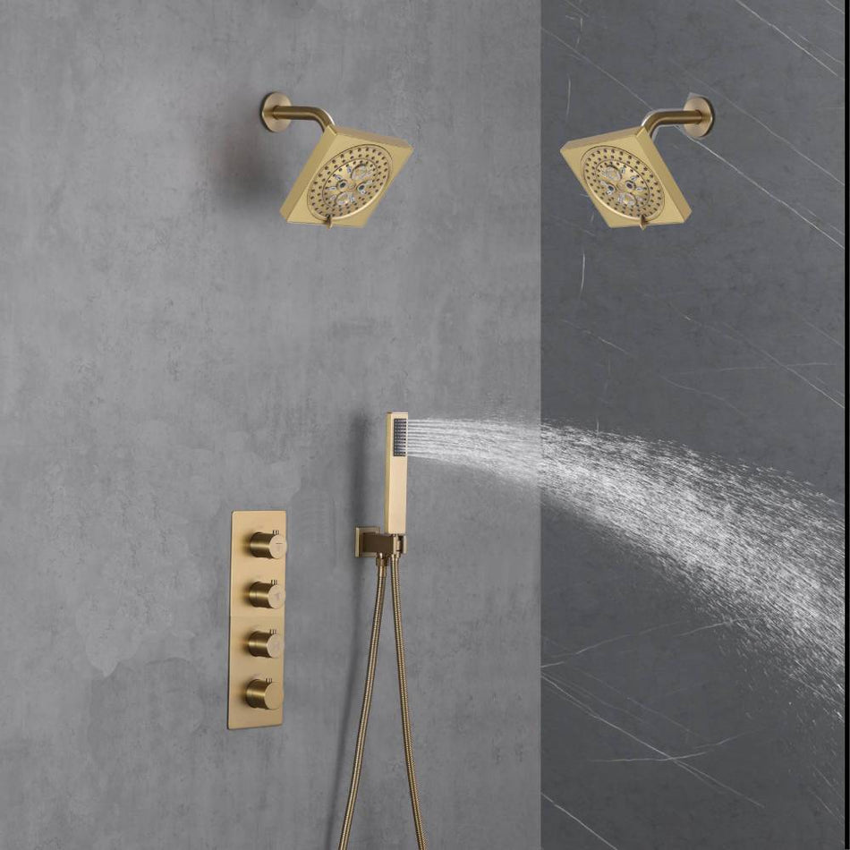 Brushed Gold Wall-Mounted 3-Way Thermostatic Shower System: Dual Regular Heads with Simultaneous and Independent Functionality