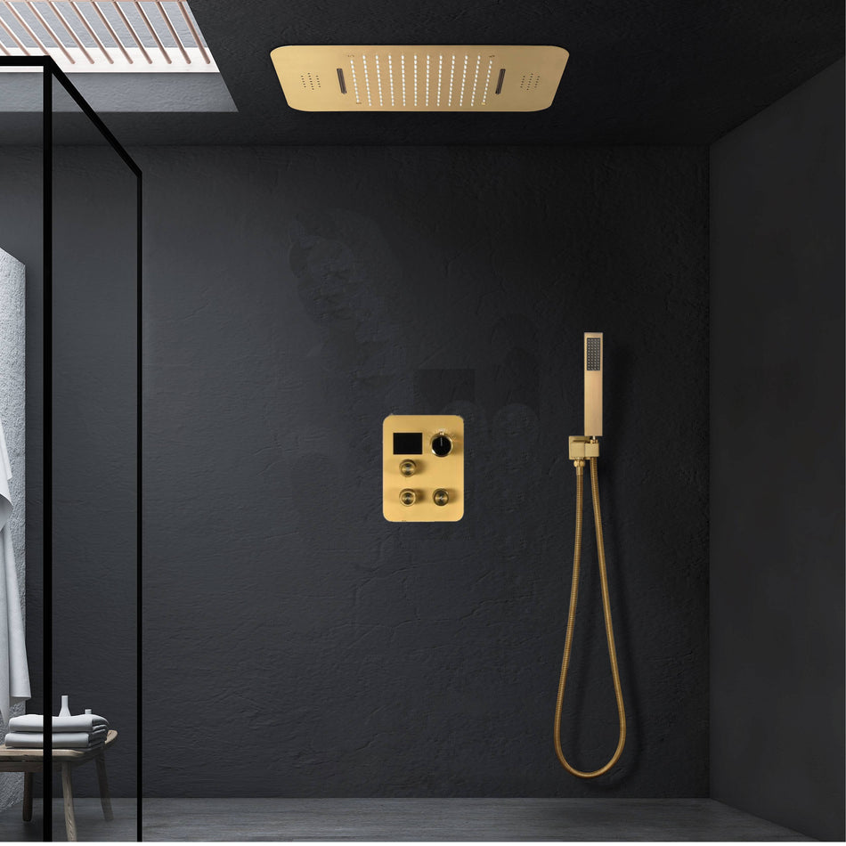 Brushed Gold Music 64 LED lights Flushed mount 23X 15inch shower head 3 way Digital display thermostatic valve that each function run all together and separately