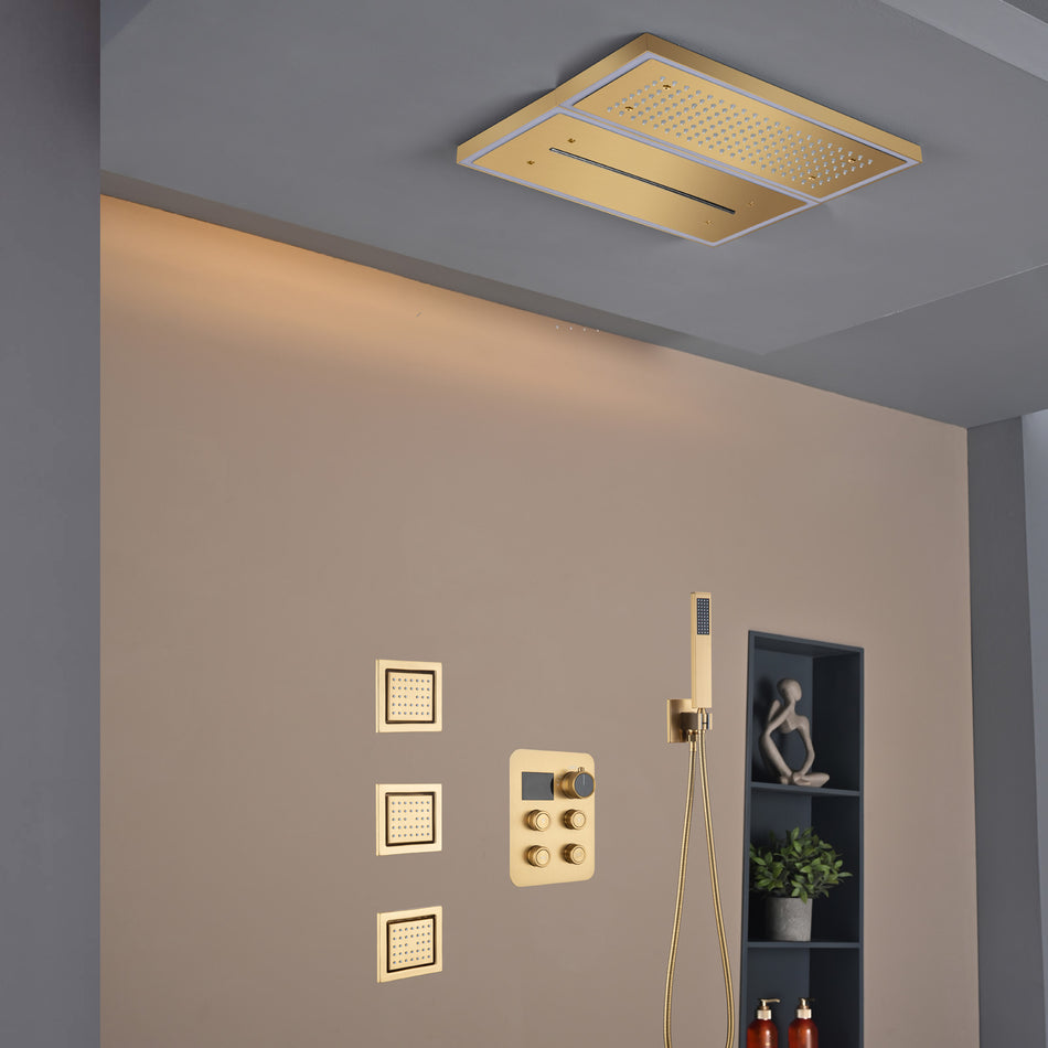 Matte black or Brushed nickel or Brushed Gold 32 x 8-Inch Rainfall Waterfall Flush Mount Shower Head with 4-Way Digital Display Thermostatic Faucet, Body Jets