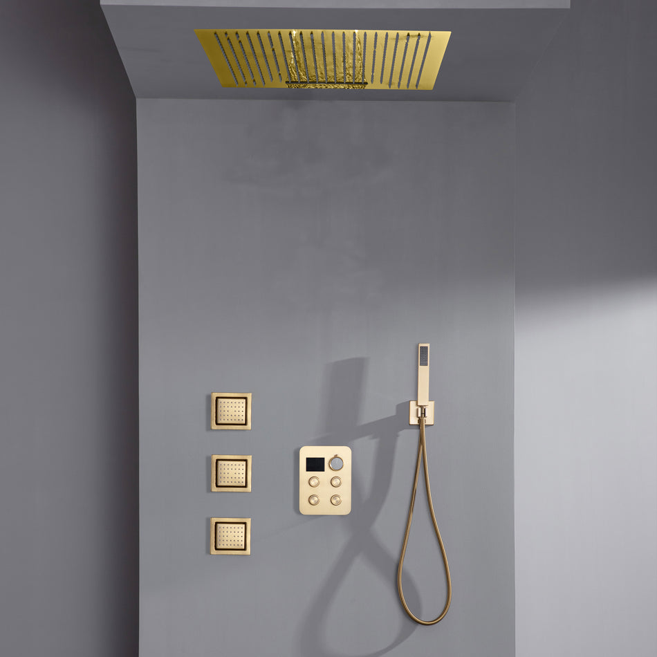 24 inch flush mount rainfall waterfall shower head 4 way thermostatic shower faucet with handle wand and Body Jets