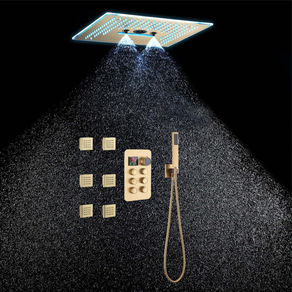 16-Inch Rainfall Waterfall Mist Water Column Flush Mount Shower Faucet Set with 6-Way Thermostatic Control, 64-Color LED, Bluetooth Music, Rainfall-Waterfall-Mist Features, Rotating Hydro Jet, and Body Jets