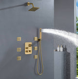 Brushed Gold 3-Way Digital Display Thermostatic Shower System: Featuring Body Jets and a 6-Inch Regular Head with Independent and Simultaneous Functionality
